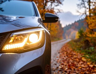 Frontscheinwerfer eines PKWs im Herbst in der D&auml;mmerung