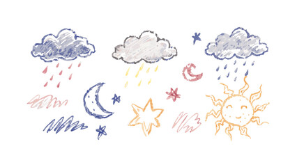 Hand drawn weather elements and celestial bodies clouds