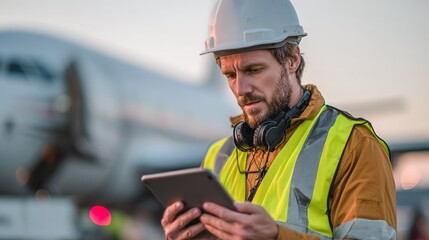 Airport ground crew member using a tablet for aircraft maintenance and safety checks. Modern aviation and technology integration for streamlined operations.