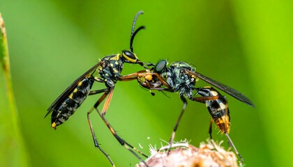 Two insects engage in a close-up struggle on a plant, showcasing intricate details and vibrant colors against a blurred, grassy backdrop.