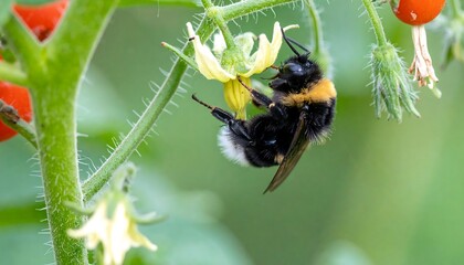 A close-up of a fuzzy bumblebee feeding on a vibrant yellow flower of a tomato plant, showcasing the intricate details of its furry body and delicate floral structures.