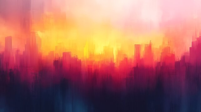 Colorful abstract artwork: cityscape with obvious sunrise or sunset, top yellow-orange sky transitioning to middle vibrant red-purple skyline, bottom dark blue-purple like ground or water reflection, 