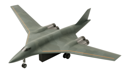 Twin-engine jet bomber with camouflage paint and large bomb bay doors