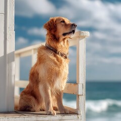 Golden retriever lifeguard dog standing alert on lifeguard tower by the sea, protective working pet