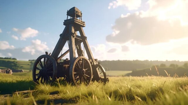 Medieval trebuchet in field