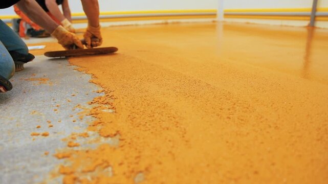 Workers applying polyurethane concrete epoxy flooring in food industry facility