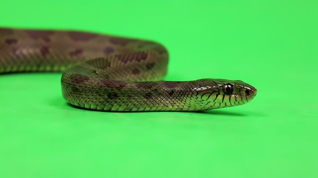 Close-up of a brown patterned snake with its head in profile against a vibrant green background, ready for chroma key editing.