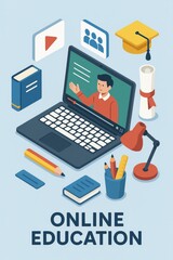 Online education illustration with laptop, teacher video, study tools and diploma—ideal for e-learning, courses, webinars.