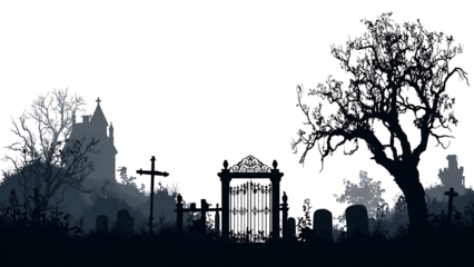 Illustration of a cemetery with crosses and trees on transparent background PNG