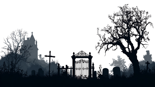 Illustration of a cemetery with crosses and trees on transparent background PNG