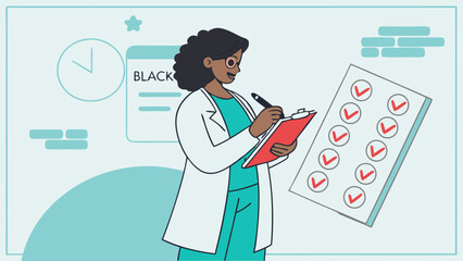 Smiling Black Female Doctor Completing Checklist with Pen and Clipboard.