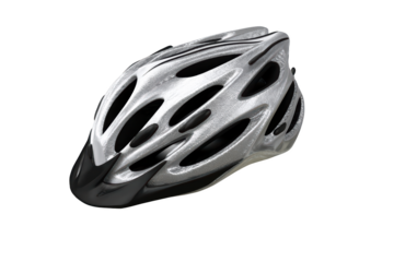 Sleek silver & black bicycle helmet, isolated on black background
