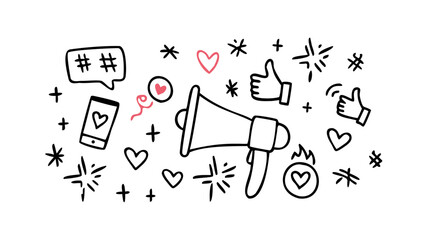 Pink hearts and swirl doodle with transparent background