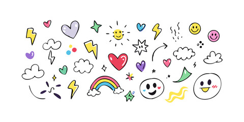 Playful doodle elements hearts smiles lightning bolts