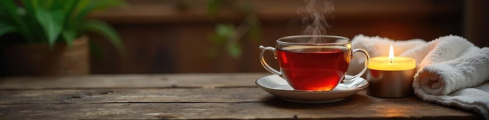 Warm and Inviting Tea Time Steaming Cup on Rustic Wood with Cozy Towel and Candlelight