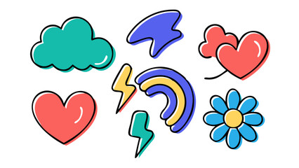 Playful doodles hearts cloud rainbow flower lightning