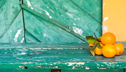 A cluster of bright oranges rests on a weathered teal wooden surface, set against a backdrop of faded teal and pale yellow wood.