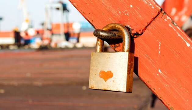 A rusty padlock with a heart, attached to a red metal beam