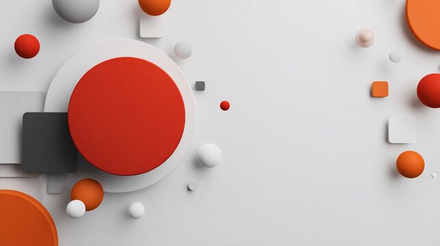 Abstract arrangement of spheres, squares and circles on a white backdrop