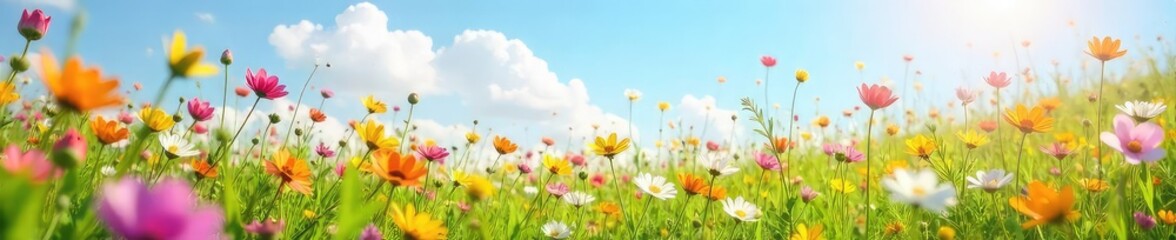 Fototapeta premium A vibrant meadow bursting with wildflowers in full bloom under a bright spring sky, embodying carefree joy and the season's renewal , bright, botany, natural light