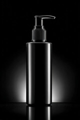 Obraz premium Sleek black lotion pump bottle stands elegantly against dark background, showcasing its modern design and high quality finish. minimalist aesthetic highlights bottle smooth surface and functional