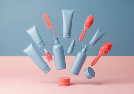 Beauty products flat lay mockup for skincare and haircare with pastel colors for advertising and promotion