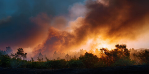 Wildfire burning through forest with thick smoke and intense orange flames creating dramatic sky