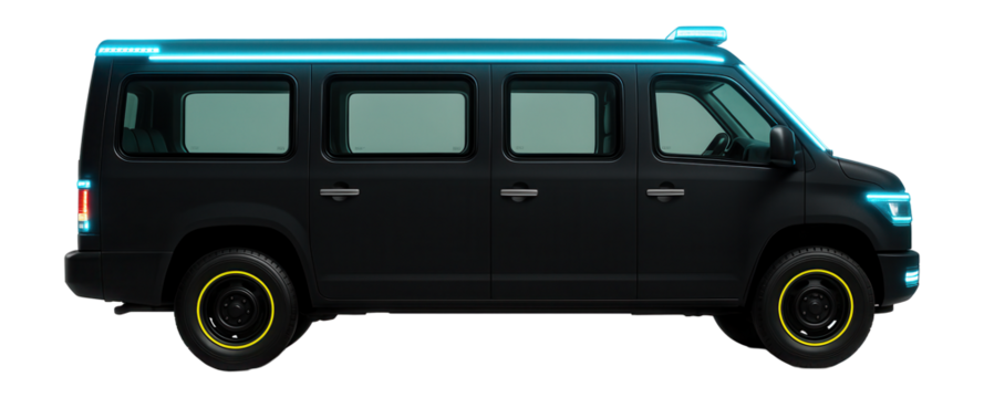 Personnel transport car with emergency lighting and reinforced windows