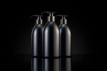 Elegant black lotion pump bottles arranged in visually striking manner against dark background, showcasing modern and sophisticated design. sleek shapes and shiny accents create luxurious feel