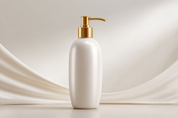 Sleek, elegant lotion pump bottle with golden pump top, set against soft, flowing fabric background. design emphasizes simplicity and sophistication, perfect for skincare products