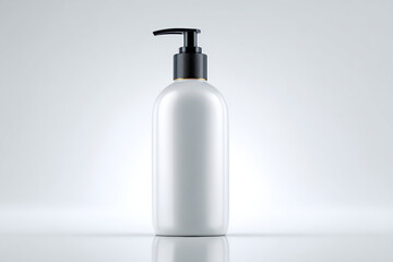 Sleek, modern lotion pump bottle with black pump top and smooth white body, perfect for showcasing skincare products. This design emphasizes simplicity and elegance, ideal for any bathroom