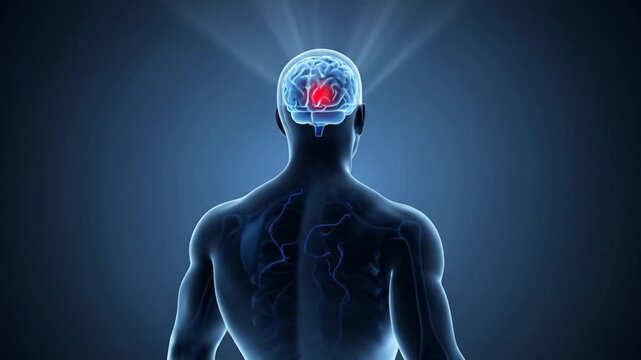 Human anatomy illustration showcasing a transparent view of the brain and heart, illuminated from above.