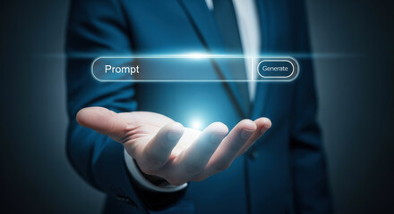 Businessman holding virtual interface with prompt and generate button glowing above his hand. Concept of artificial intelligence, text generation and digital innovation
