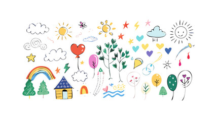 Whimsical doodle elements with nature and weather motifs