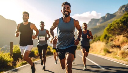 Group of men running a marathon on a sunny day