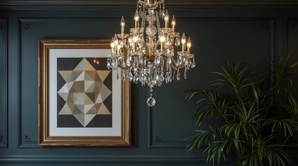 A luxurious crystal chandelier hangs in the middle of the room. On the back, there is a 1920s geometric art image in an old wooden frame