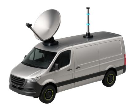 Communications van with satellite dish mounted on the roof and extendable mast