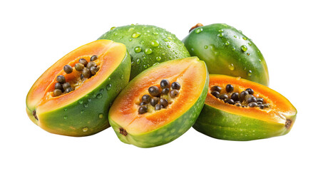 Fresh and Healthy Green Papayas with Orange Flesh and Black Seeds