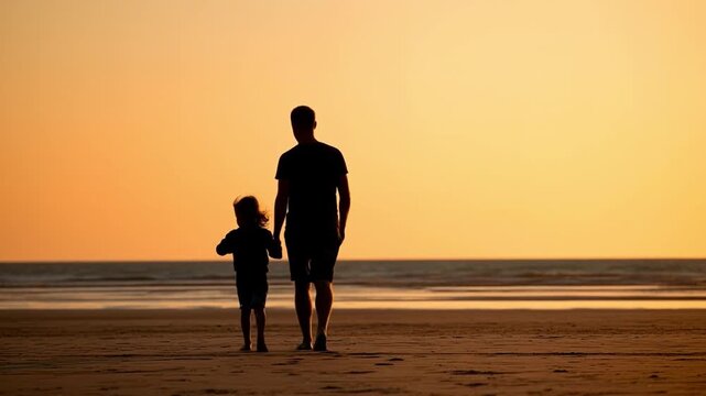 A heartwarming dia del padre scene of a father and son walking on the beach
