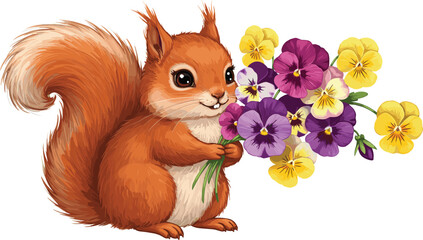 Cute red squirrel holding colorful pansy flowers, charming animal illustration, whimsical spring bouquet, cartoon woodland creature, adorable wildlife character art © Vactor Creatives