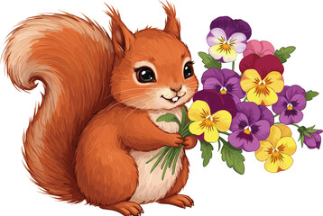 Cute red squirrel holding colorful pansy flowers, charming animal illustration, whimsical spring bouquet, cartoon woodland creature, adorable wildlife character art