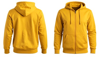 Mustard yellow zip-up hoodie, front and back views, displayed against a pure white backdrop.