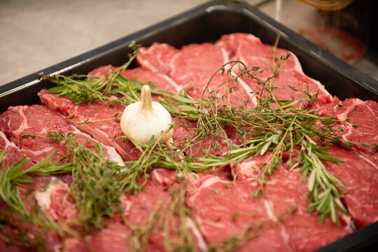 marinated pork steaks before barbecue