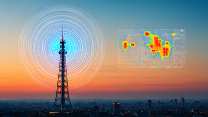 Telecommunications Tower Network Coverage Map:  Sunset Cityscape,  Modern Technology,  Signal Strength Visualization.