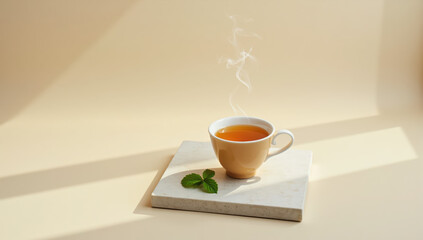 Obraz premium Steaming cup of tea ceramic cup marble coaster mint leaf warm sunlight minimal style afternoon tea party relaxation beige background cozy atmosphere