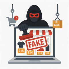 Flat vector of hacker running fake online shop. Cybercriminal lures users with fraudulent e-commerce sales and counterfeit products. Online fraud and scam.
