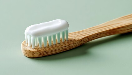 A close-up of a bamboo toothbrush with white toothpaste on its bristles against a light green background.