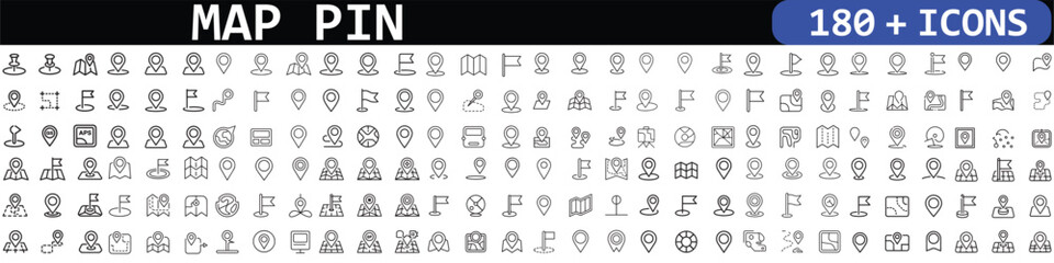 Map pin line icon set. Location, push pin, map marker, geolocation, route, flag, position, gps, address and more. Outline vector icon in linear style. Series of pictograms. Vector black silhouette. 
