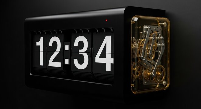 Retro black flip clock showing 12 -34 with exposed golden mechanical gears on a dark background.