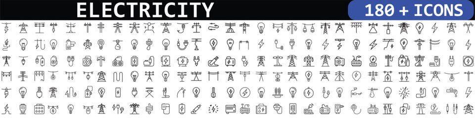 Electricity line icons set. Electric power line, light bulb, cable, wire, voltage and electrical equipment. Outline vector icon in linear style. Pictogram collection. 